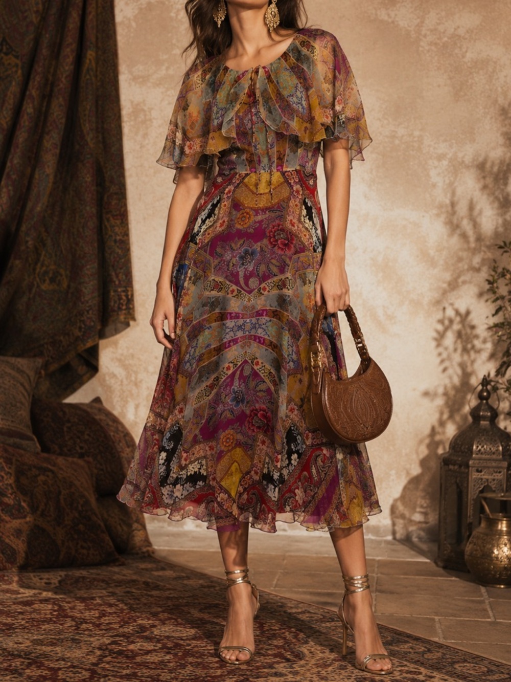 ETRO Stained Glass Paisley Silk Cape Midi Dress \\ 46 (10)